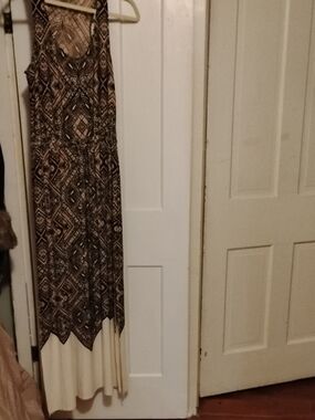 Boho Geo Print Maxi Dress in Brown and Cream